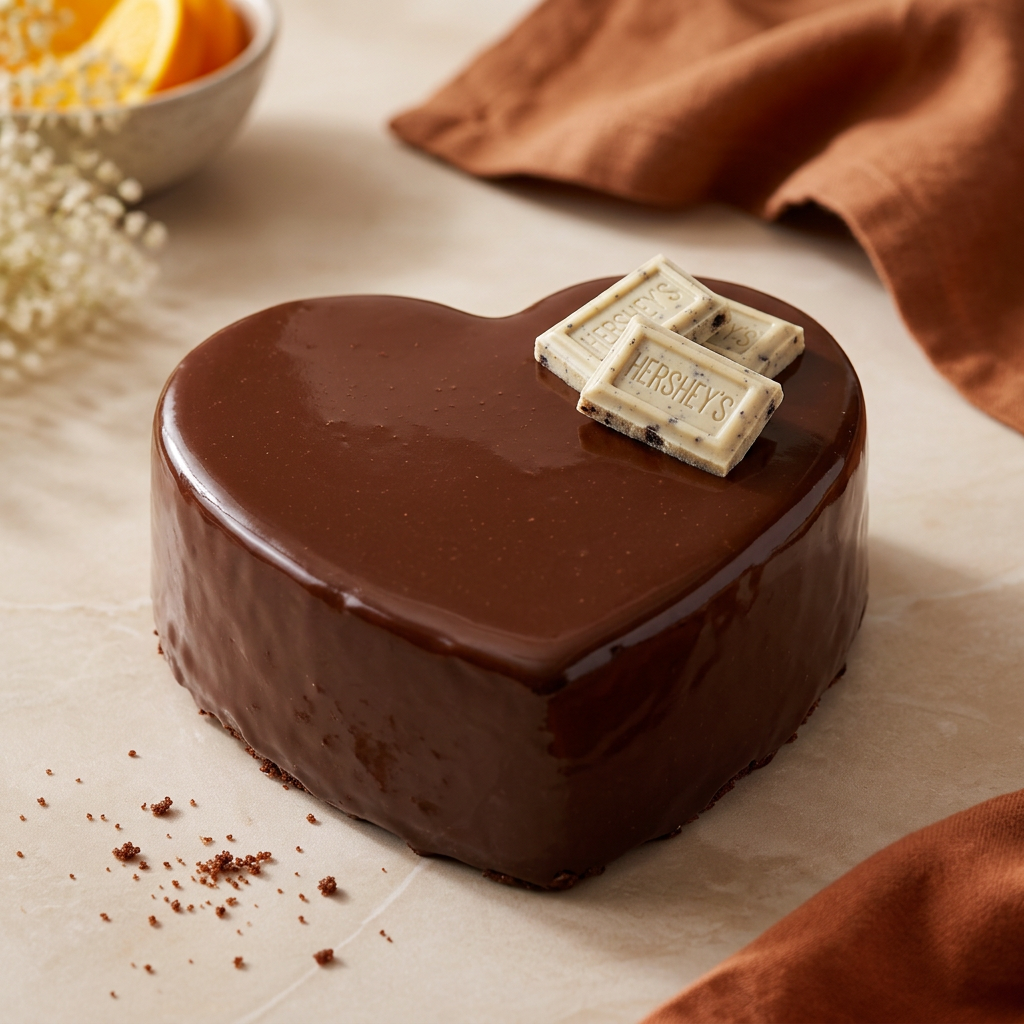 Chocolate heart-shaped dessert topped with Hershey's Cookies & Cream white chocolate squares
